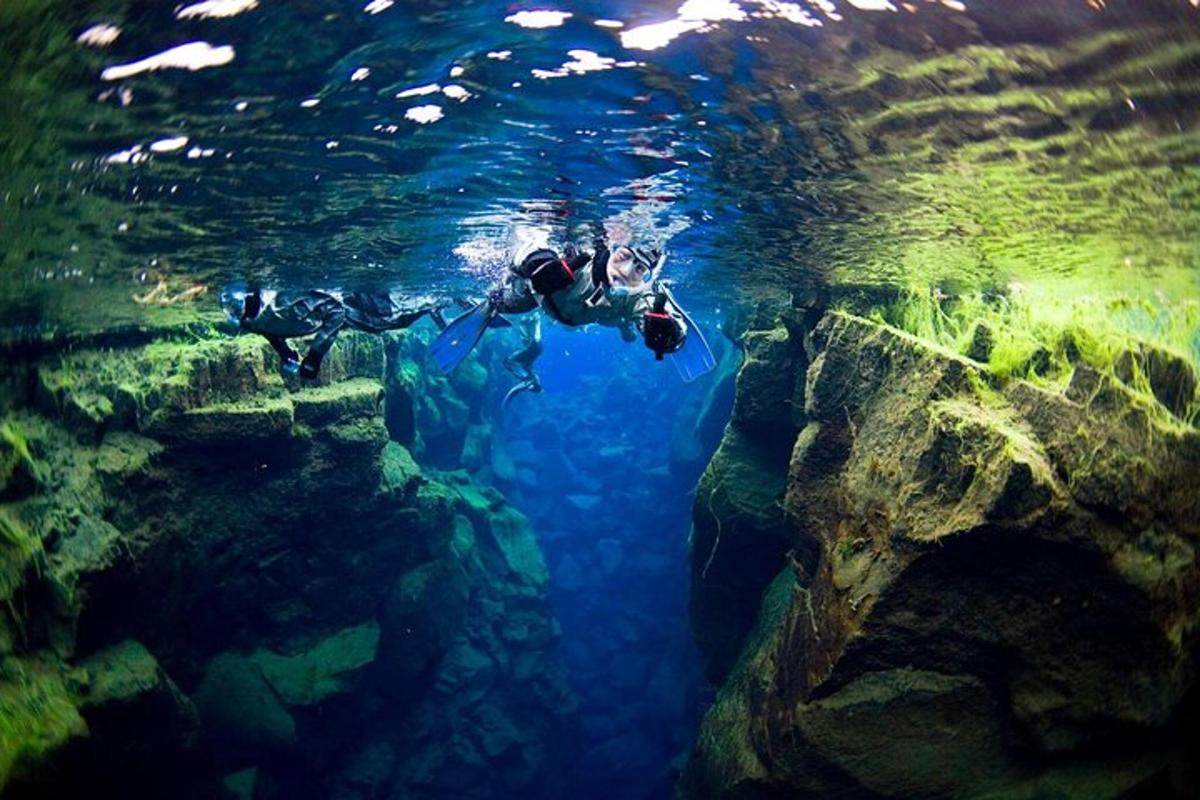 a group of people swimming in an underwater cave