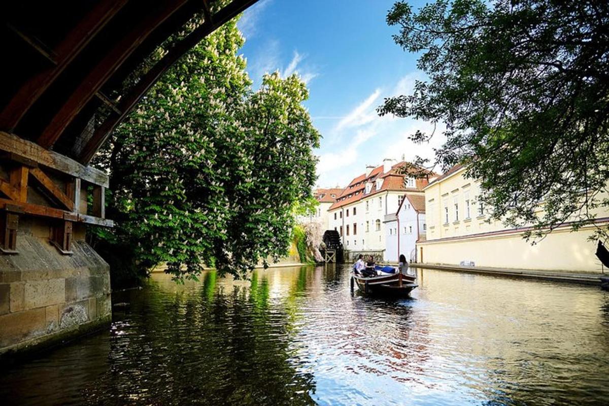 una barca su un fiume con edifici e alberi