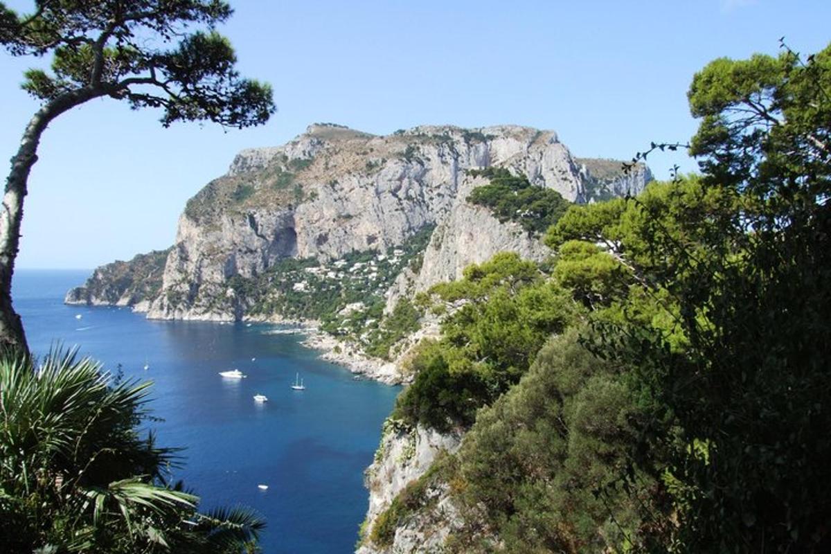 μια θέα ενός βουνού με βάρκες στο νερό