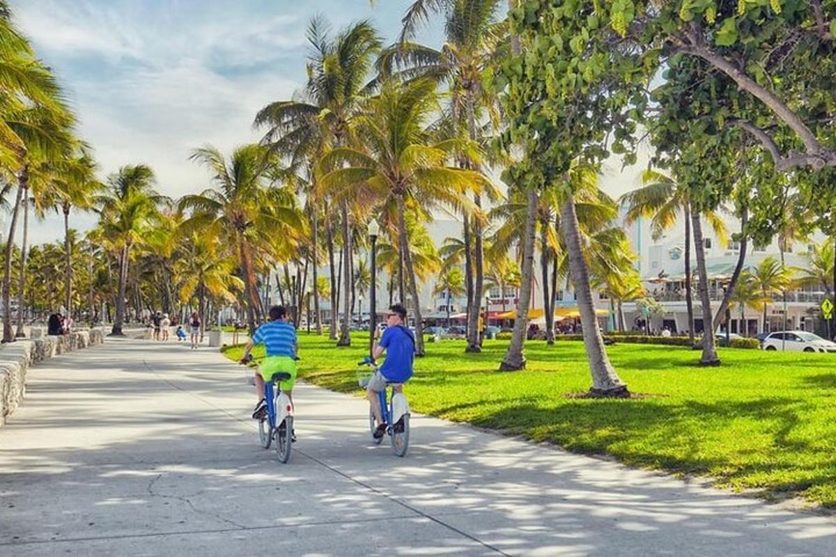 Dos personas en bicicleta por una acera con palmeras.