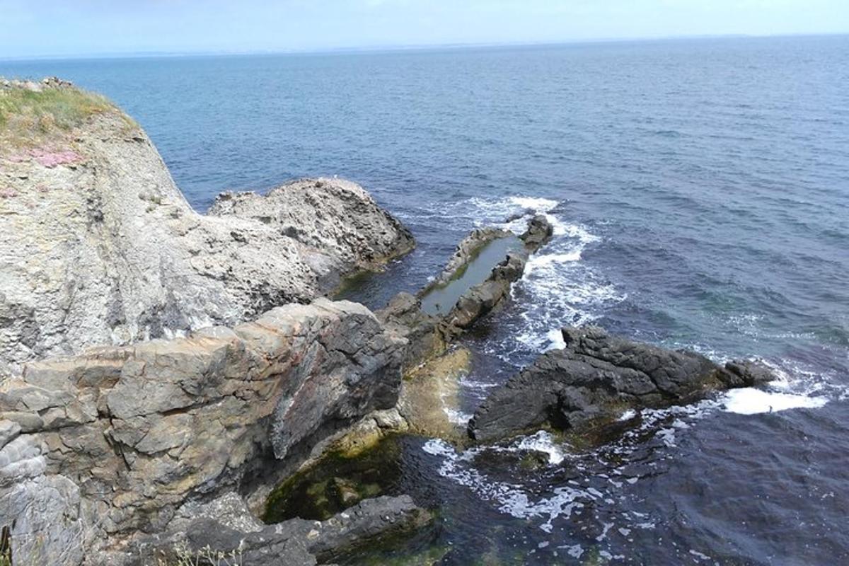 a rocky shoreline with the ocean and water