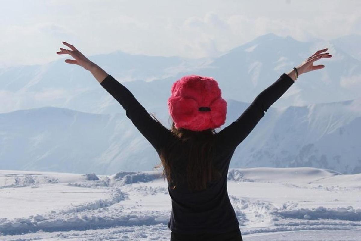 a woman with her arms outstretched on top of a mountain