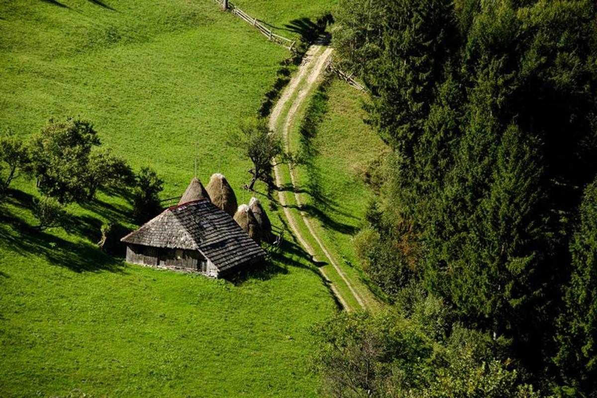 an old house in the middle of a green field