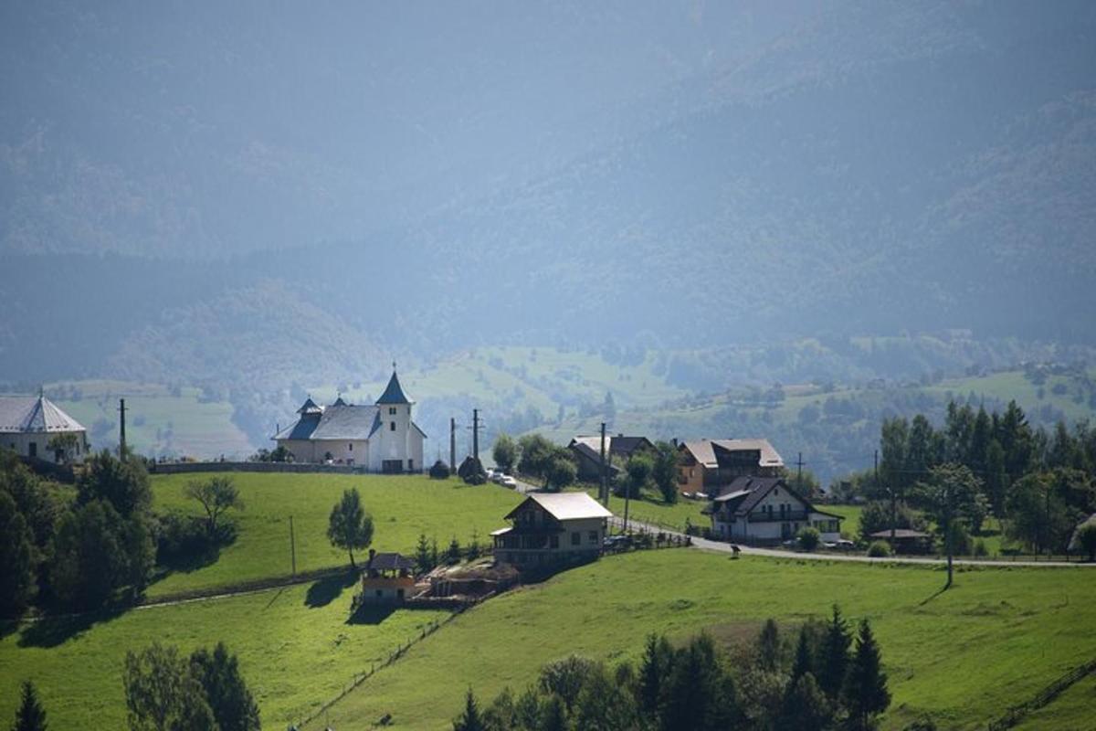 a green field with houses and a church on a hill
