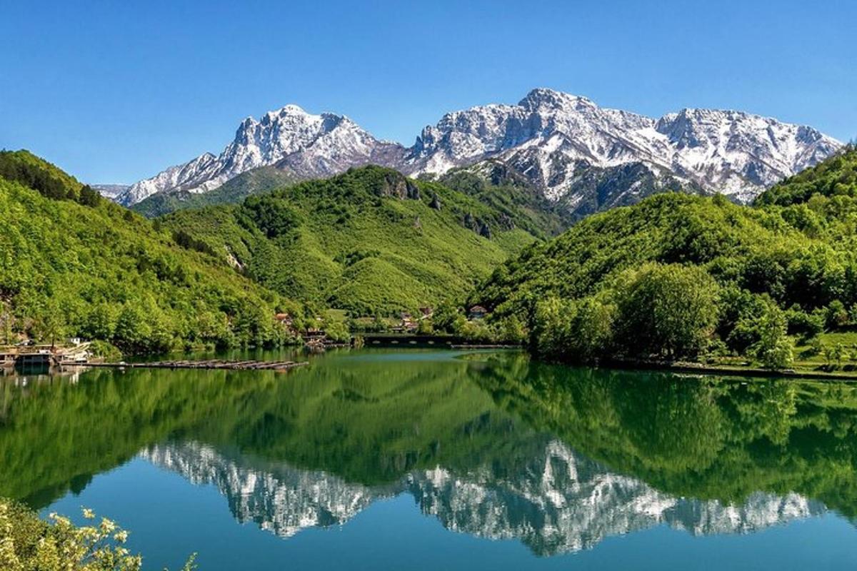 a reflection of mountains in a lake with trees