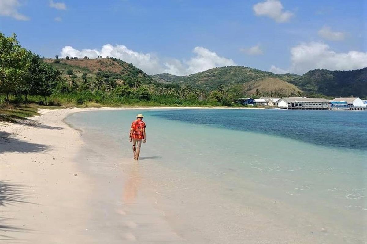 a man walking on a beach near the water
