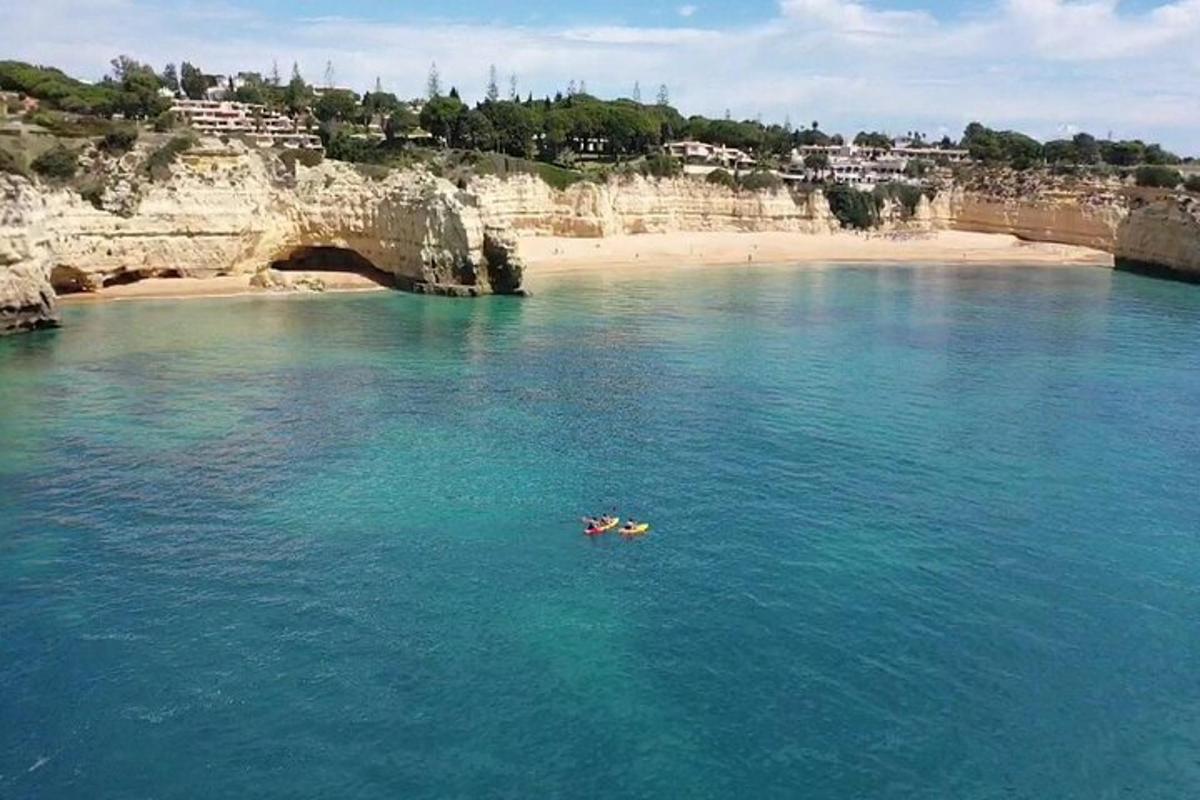 two people swimming in the water near a beach