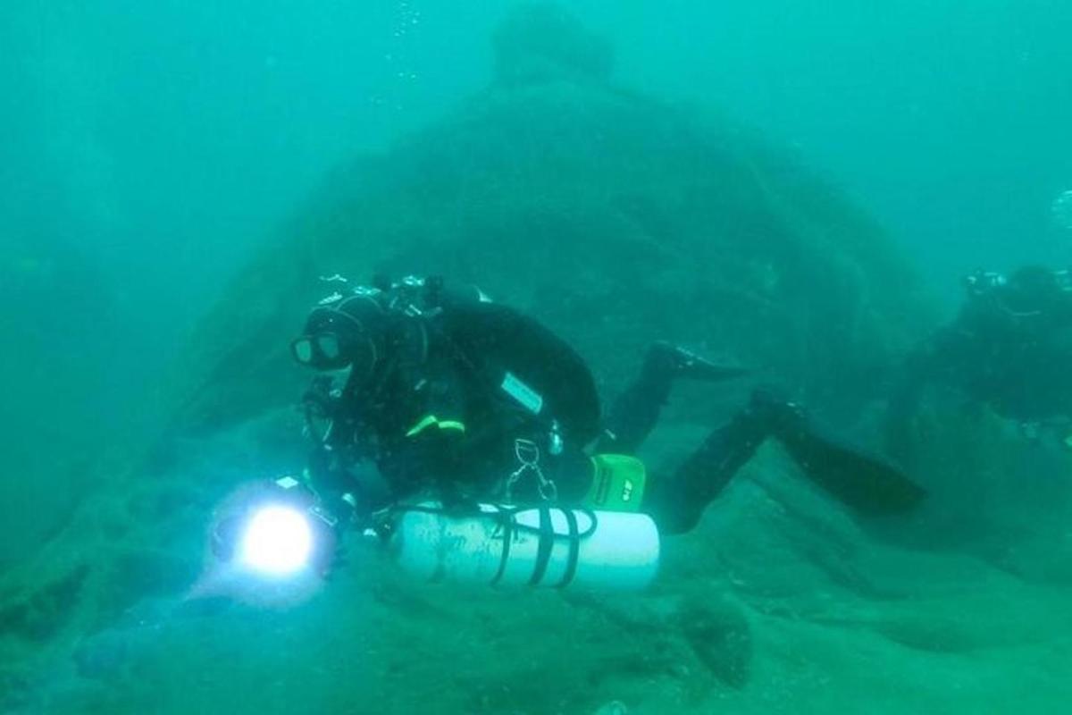 a diver in the ocean with a light in the water