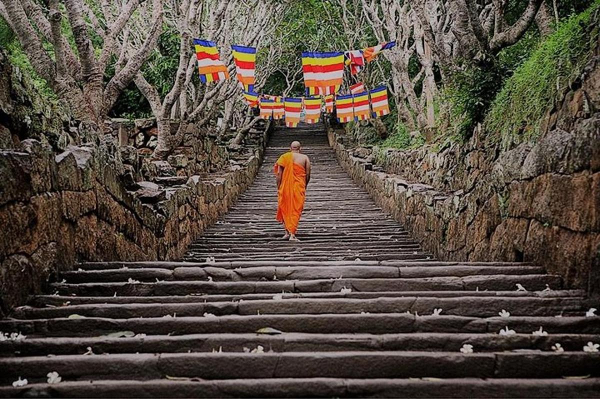 ชายคนหนึ่งกำลังเดินลงบันไดพร้อมธง