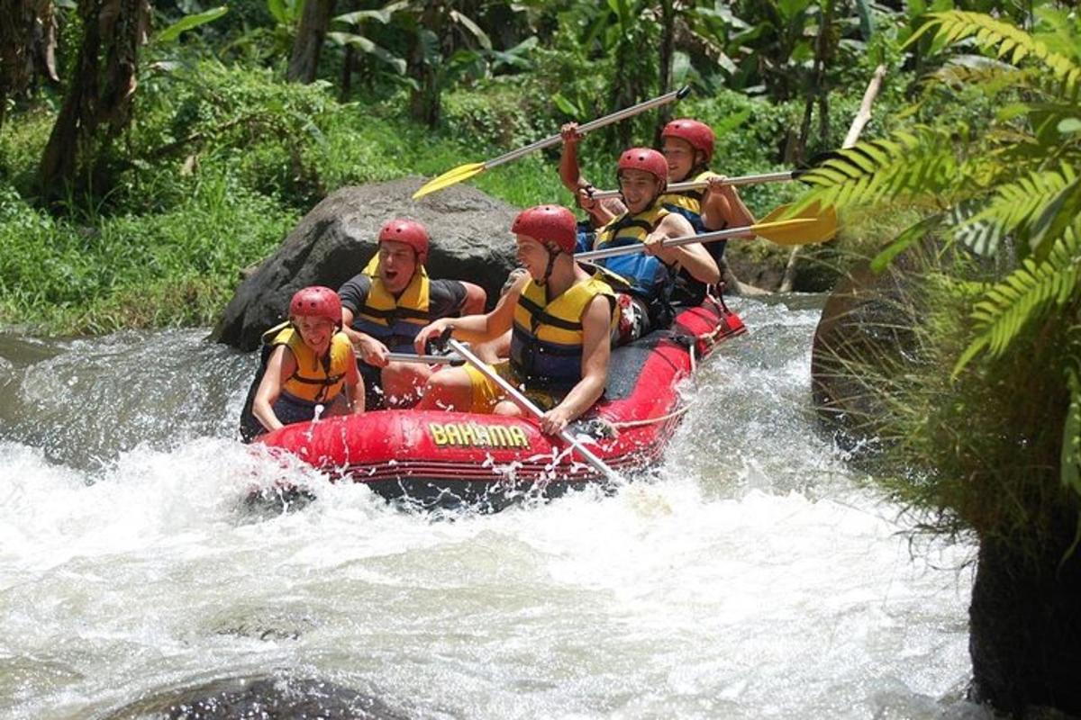 a group of people on a raft in a river