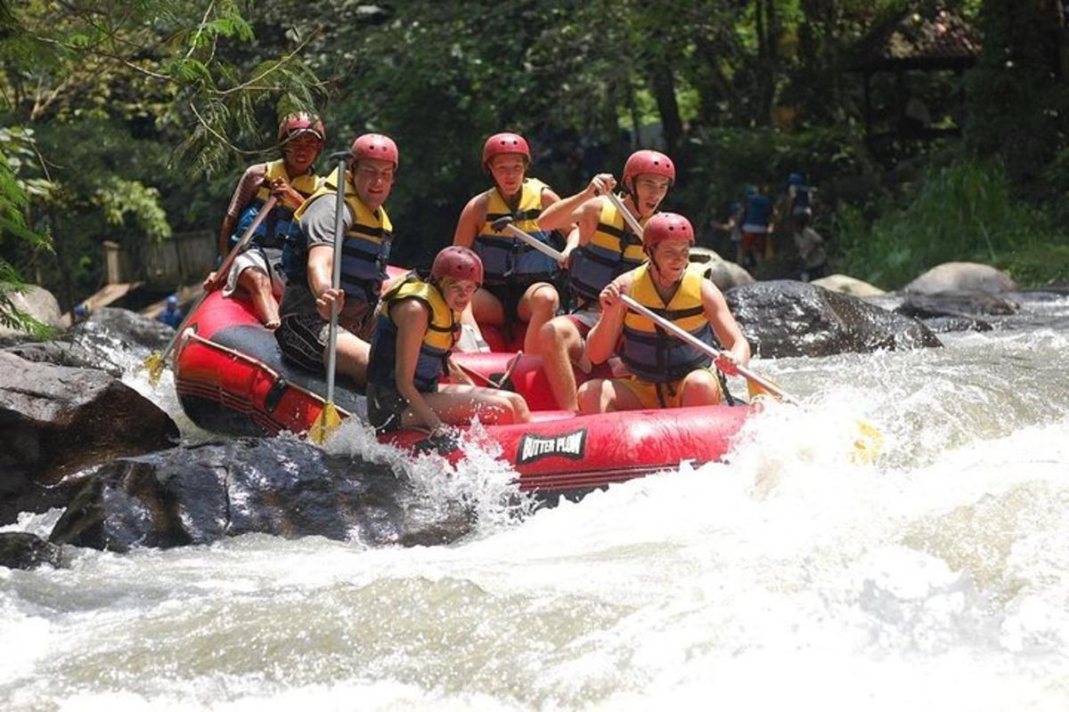 a group of people on a raft in a river