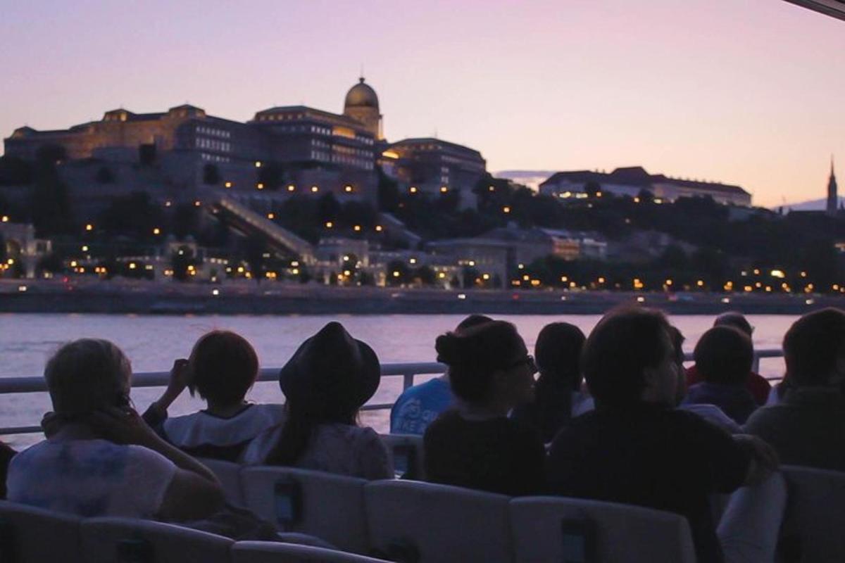 a group of people sitting in a boat looking at the city