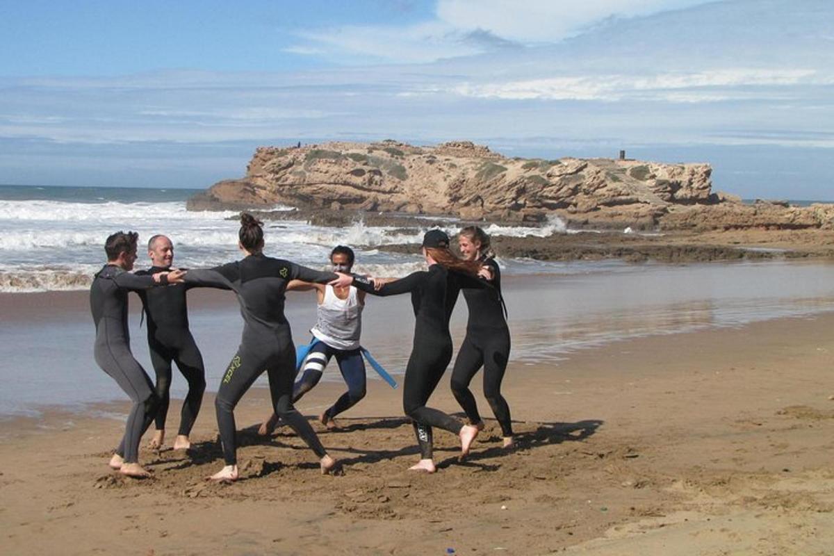 a group of people in wet suits on the beach