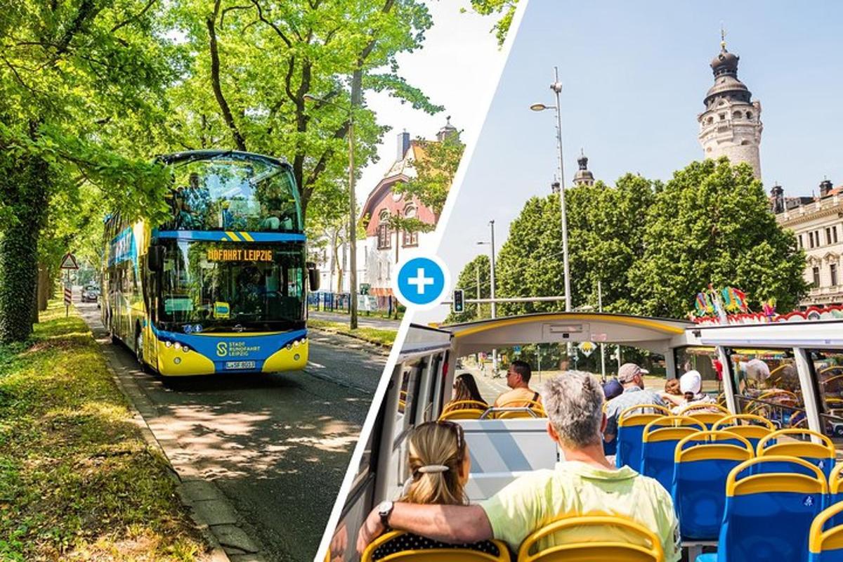 a double decker bus driving down a street with people