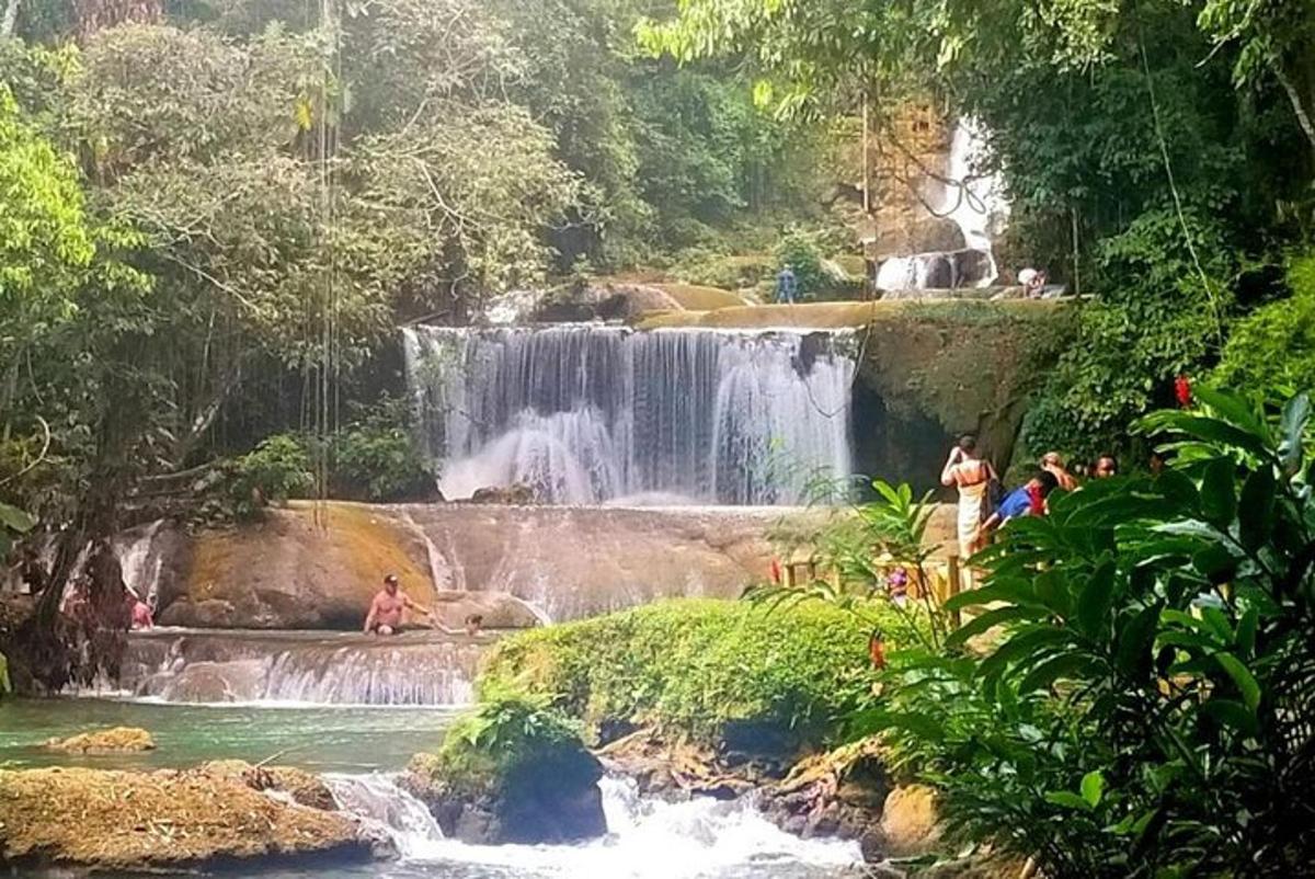 orang berenang di air terjun di dalam hutan
