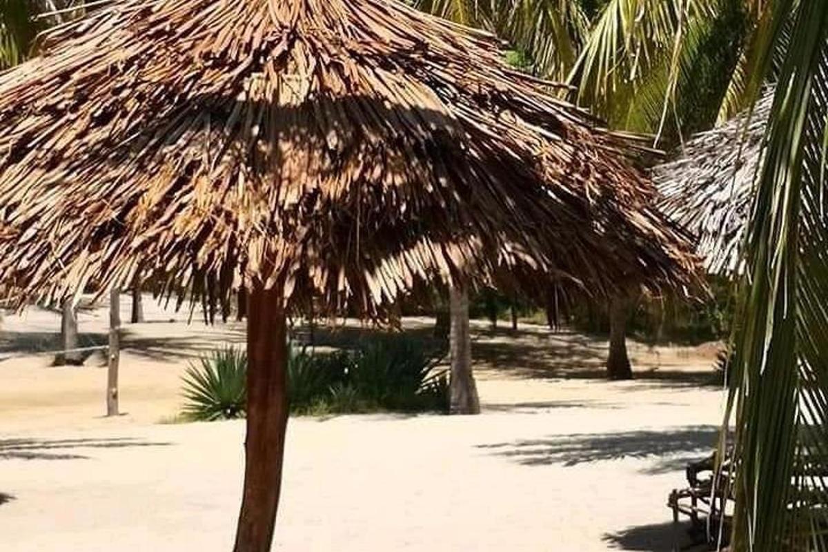 a straw umbrella on the beach with a bench