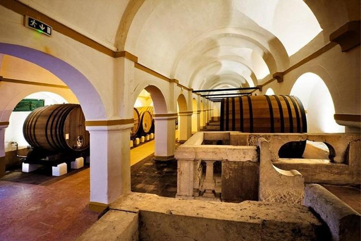 Una antigua bodega con barriles en un edificio.