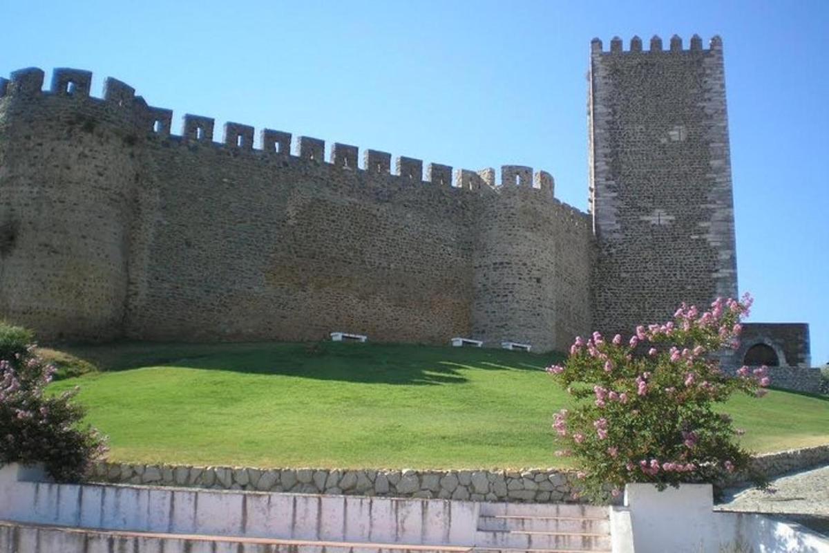 Un gran castillo con un campo de hierba delante.