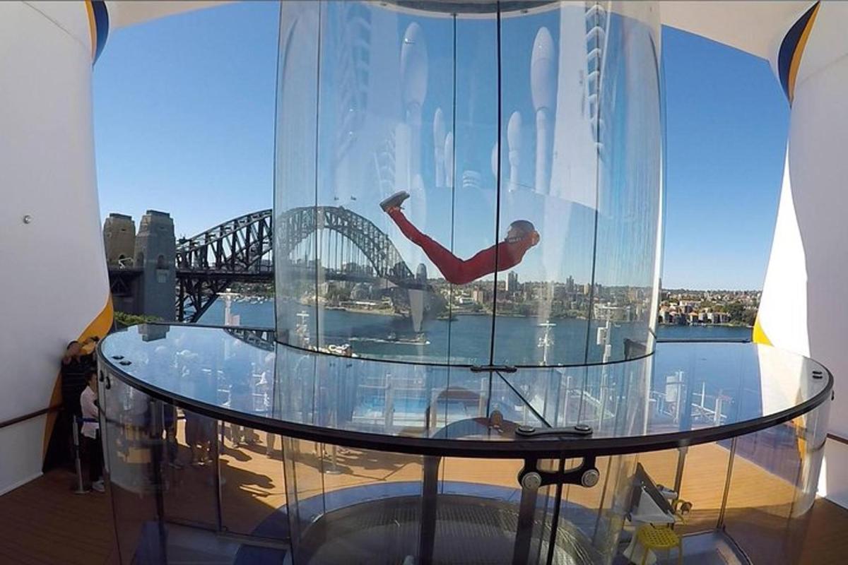 eine Person in einer Glaskuppel mit Blick auf eine Brücke