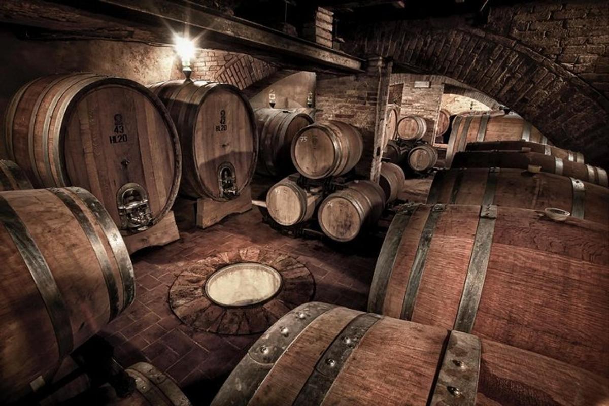 a room with a bunch of wooden barrels