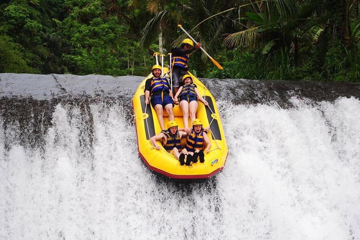 a group of people riding a raft on a waterfall