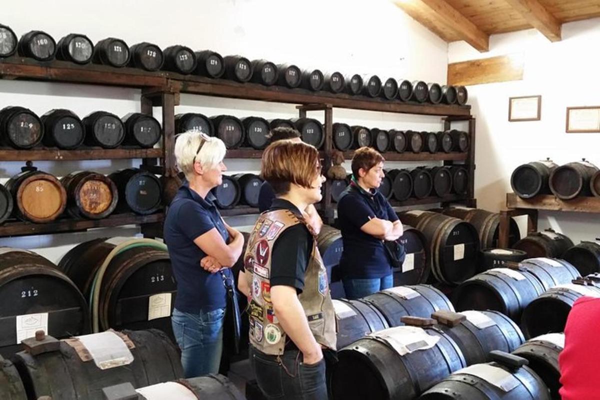 un gruppo di persone in piedi in una stanza con botti di vino
