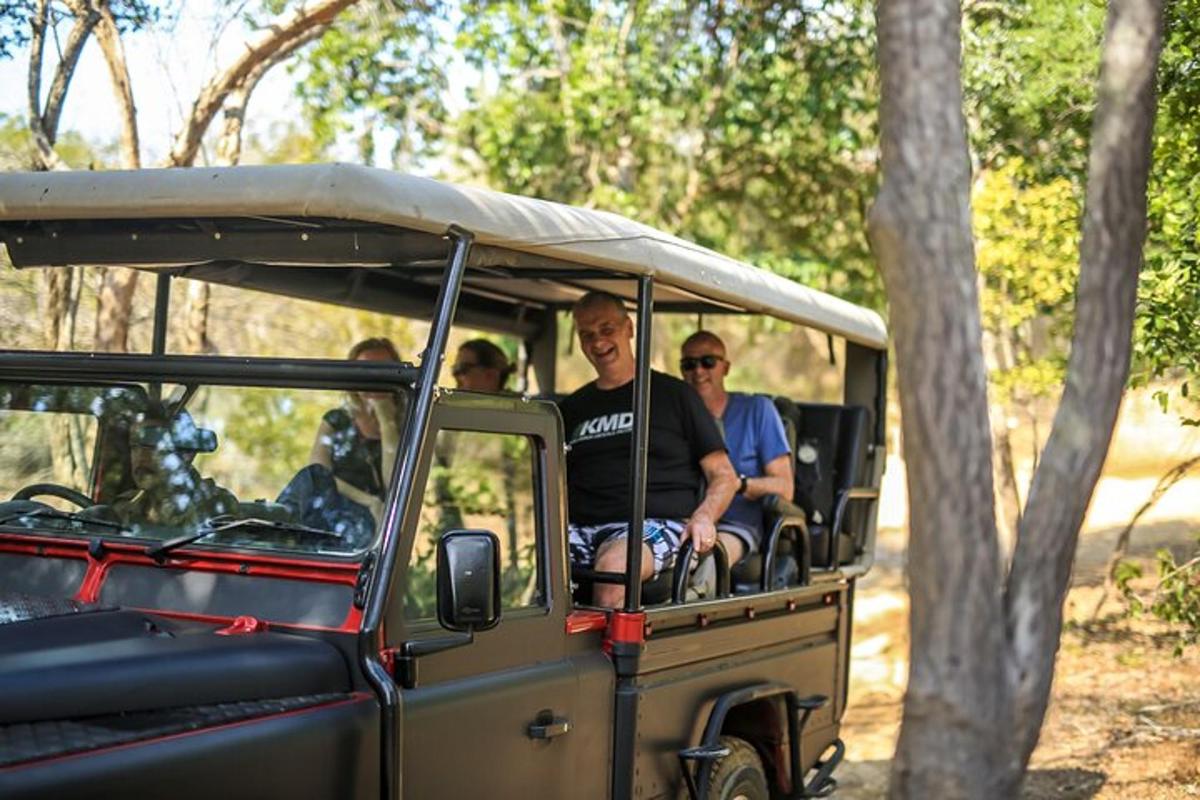 a group of people riding in a safari vehicle
