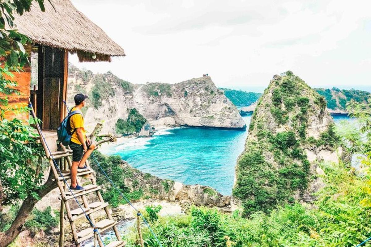 a man standing on a ladder looking at the ocean