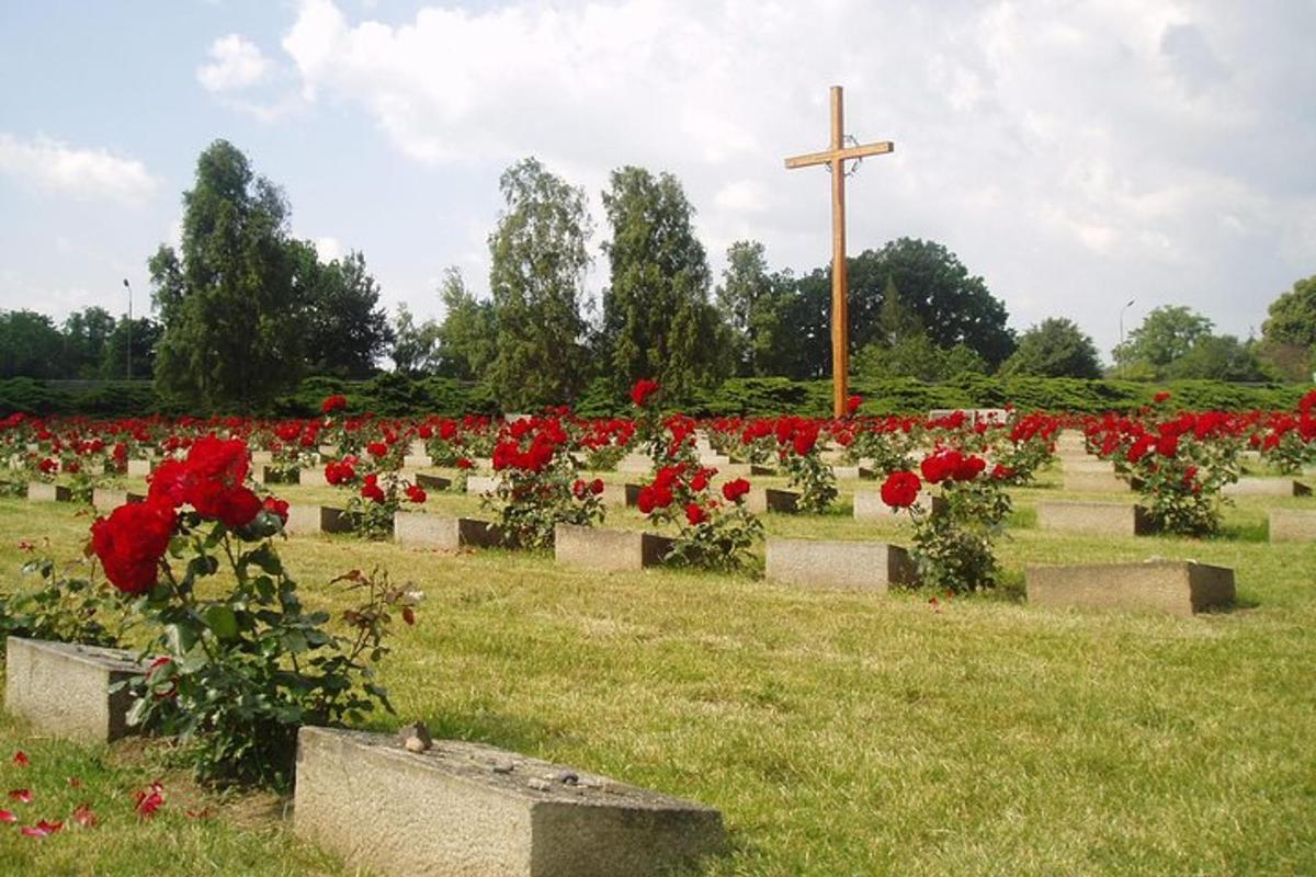 hřbitov s rudými růžemi a křížem