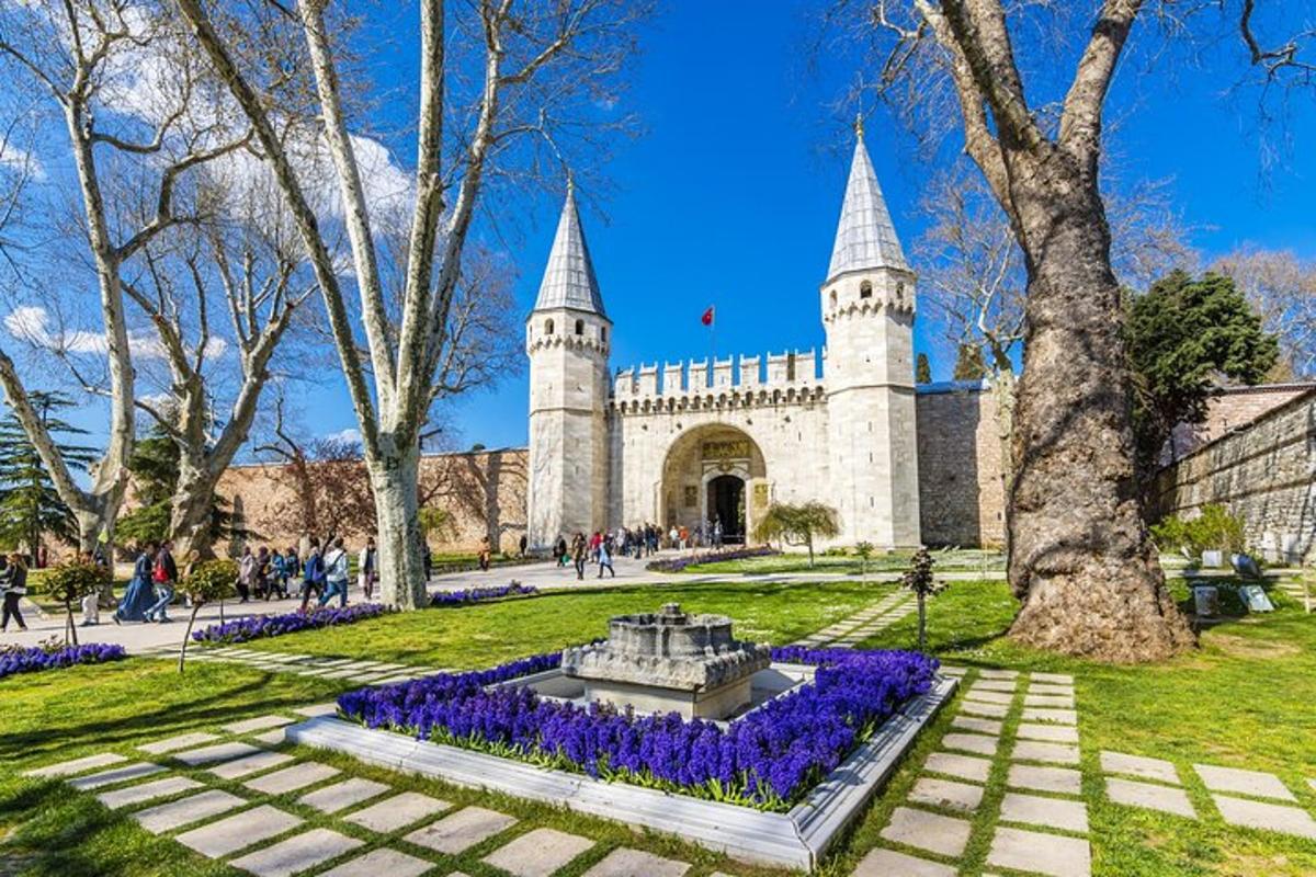 um edifício com uma fonte em um parque com flores roxas