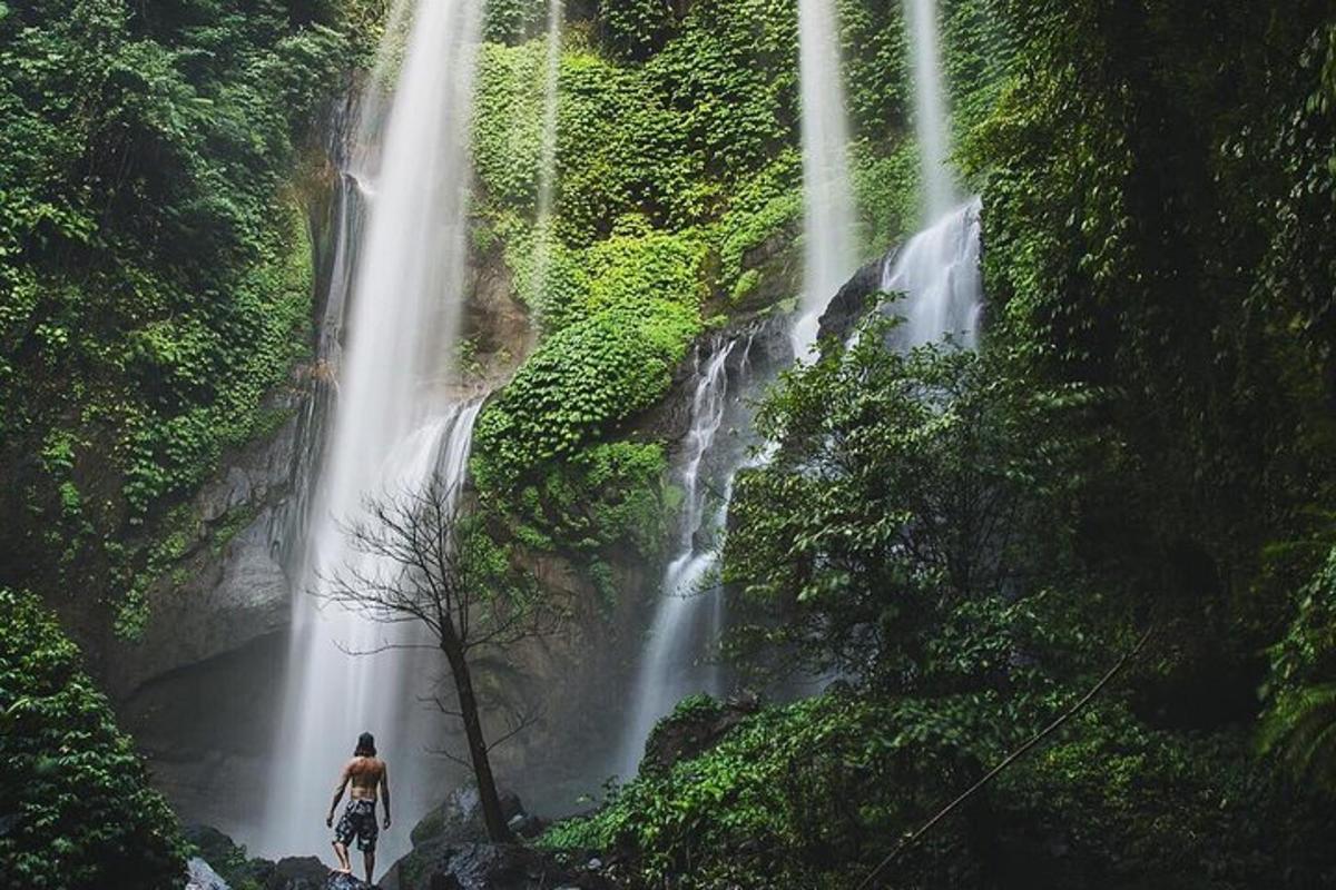 een man die voor een waterval staat