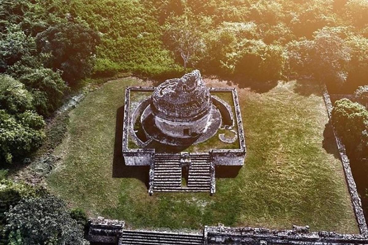 una vista aerea di un edificio in un parco