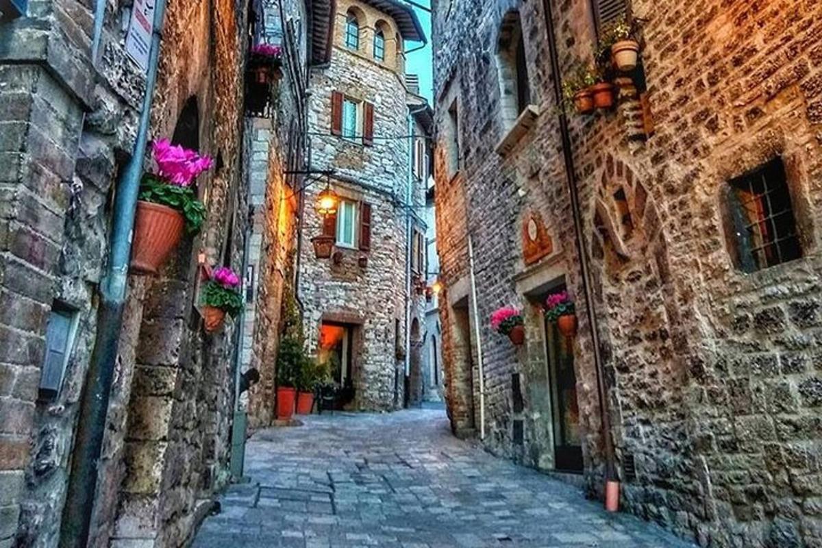 Un callejón en un antiguo edificio de piedra con flores.