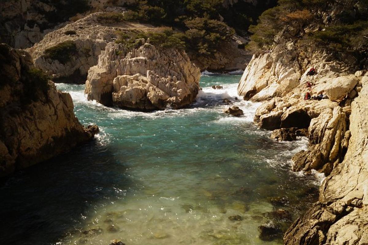 a view of a river between two rocky cliffs