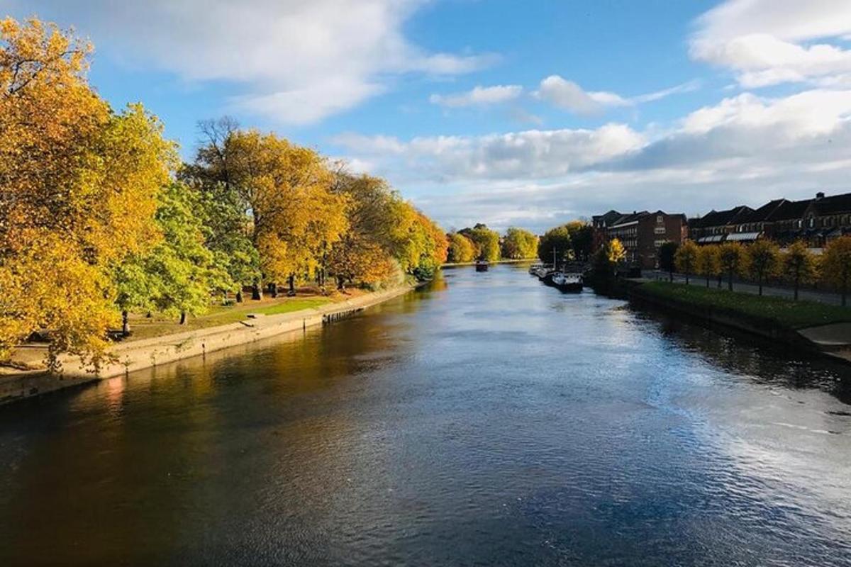 a view of a river with trees and buildings