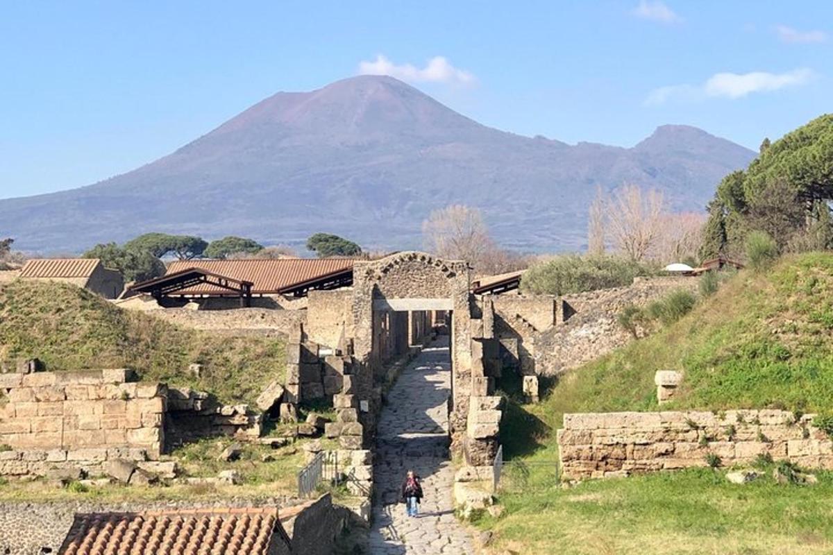 una persona in piedi di fronte a un edificio con una montagna sullo sfondo
