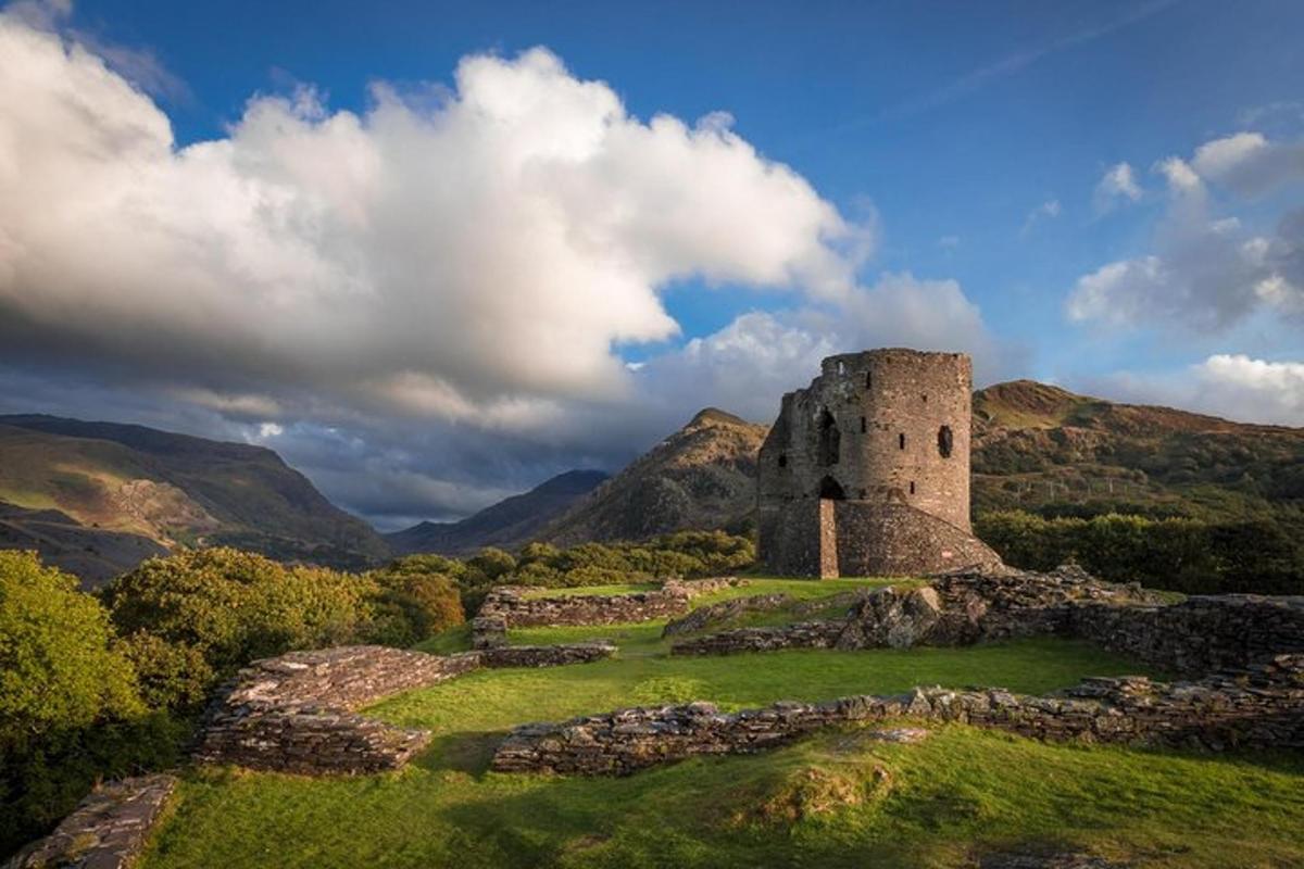 an old castle on a field with mountains in the background