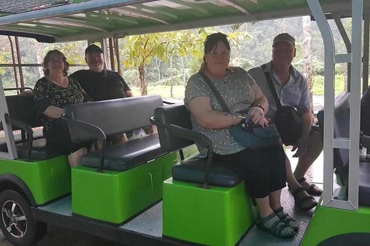 skupina lidí sedících v zadní části golfového vozíku