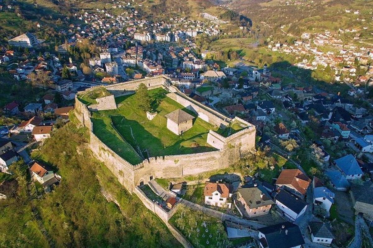 an aerial view of a castle in a city