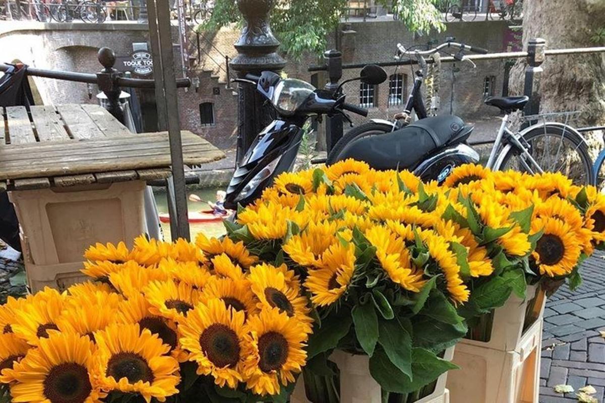 a bouquet of sunflowers in a box next to a bike