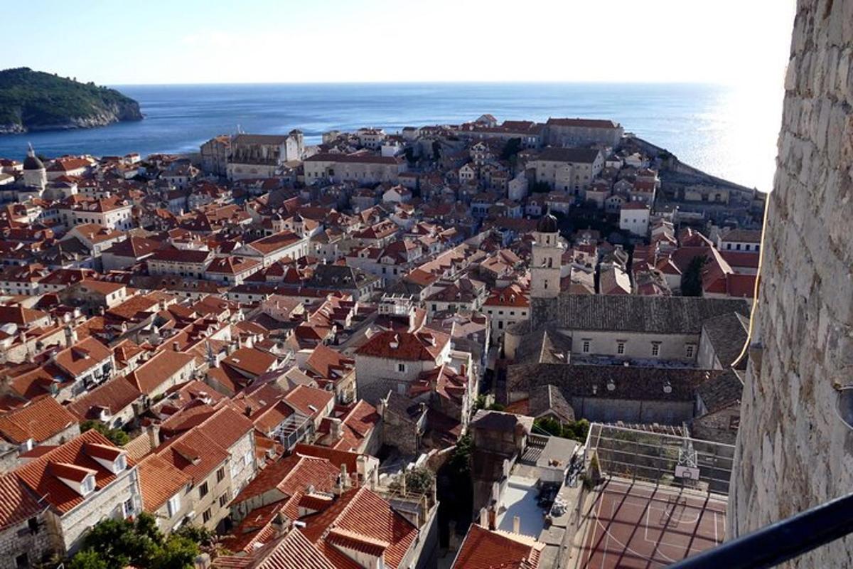 an aerial view of a city with red roofs