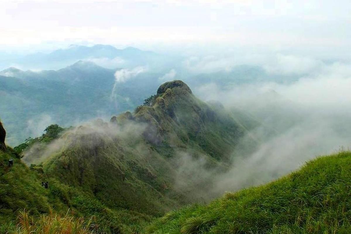 gunung berkabut di tengah lapangan