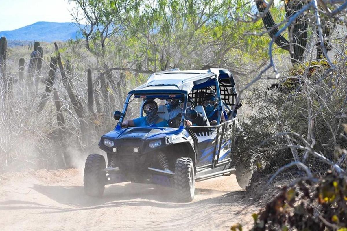 un jeep azul circulando por un camino de tierra
