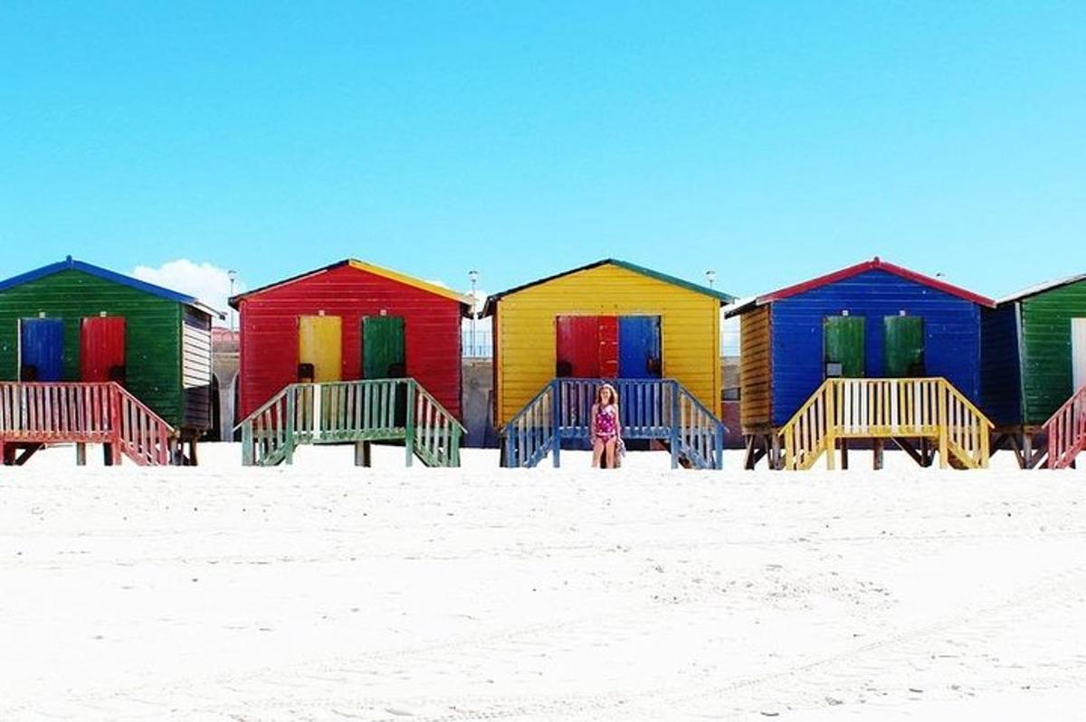 Röð af litríkum strandhúsum á ströndinni