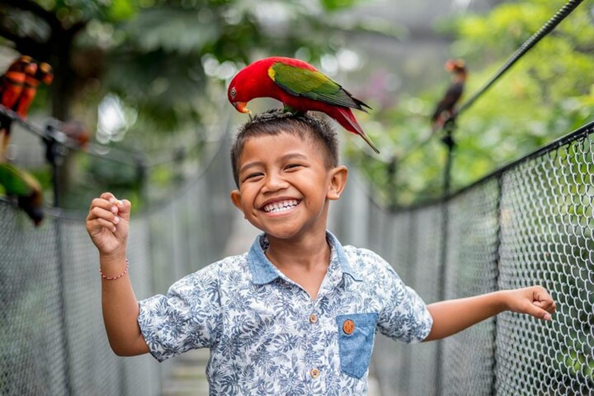 a young boy with a parrot on his head