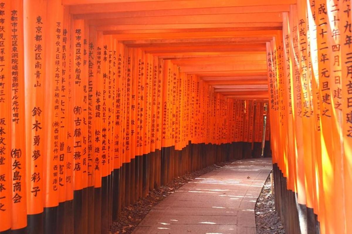 Ulička s oranžovými branami torii v japonské svatyni
