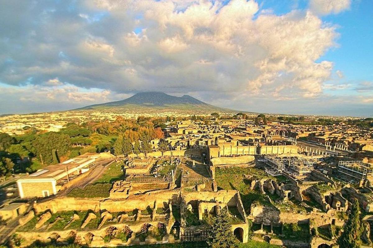una vista aerea di una città con una montagna sullo sfondo