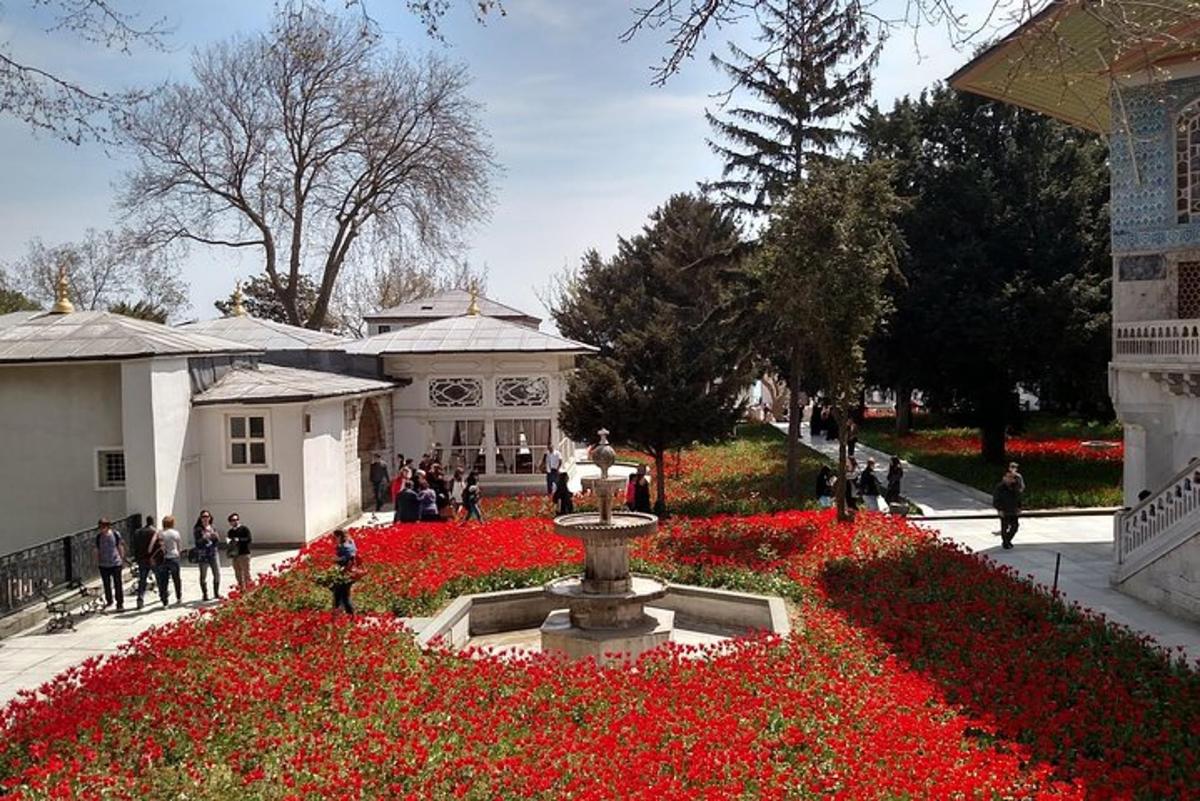 a fountain in a garden with red flowers