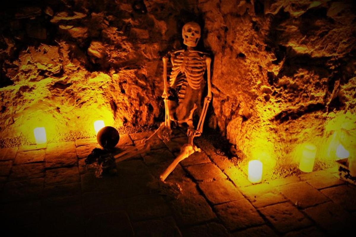 Skeletas stovi oloje su šviesomis