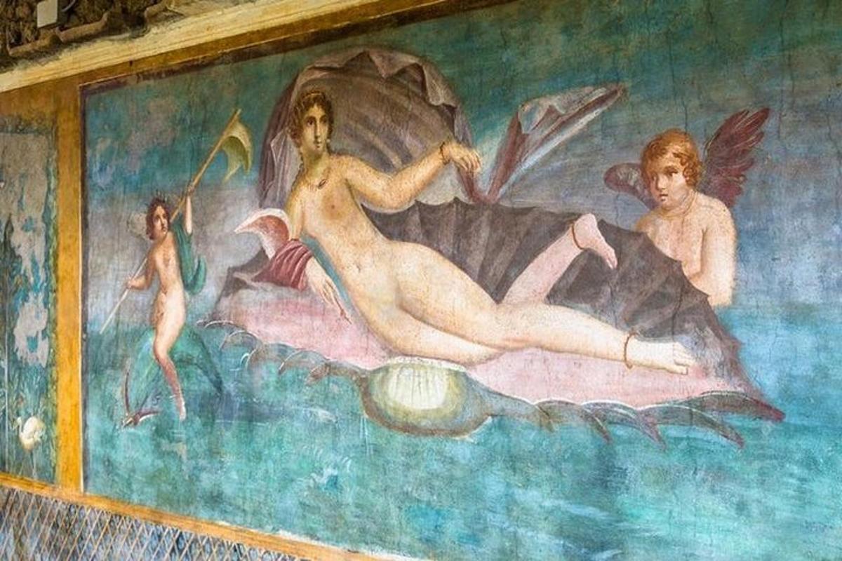 uma pintura de um homem e uma mulher na água